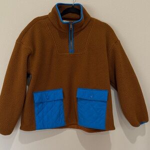Madewell Brown Sherpa Fleece Pullover with Blue Trim & Pockets